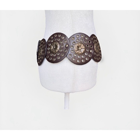 Women's Brown Concho Belt Brass Disc Buckle Coachella Festival Fit Western Boho - Picture 6 of 16
